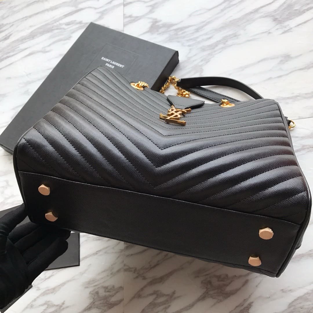 Sa1nt Lau*nt Black Chevron Leather Monogram Chain Cassandre Tote
