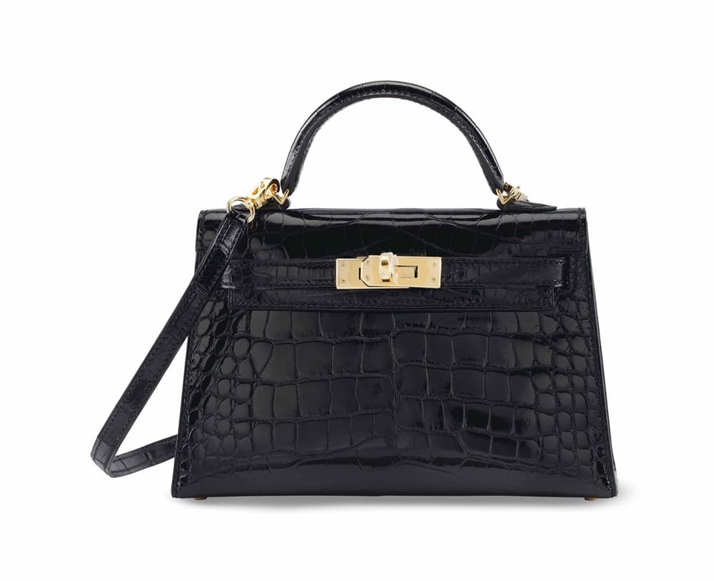 H**me5 A SHINY BLACK ALLIGATOR SELLIER MINI KELLY 20 II WITH GOLD HARDWARE
