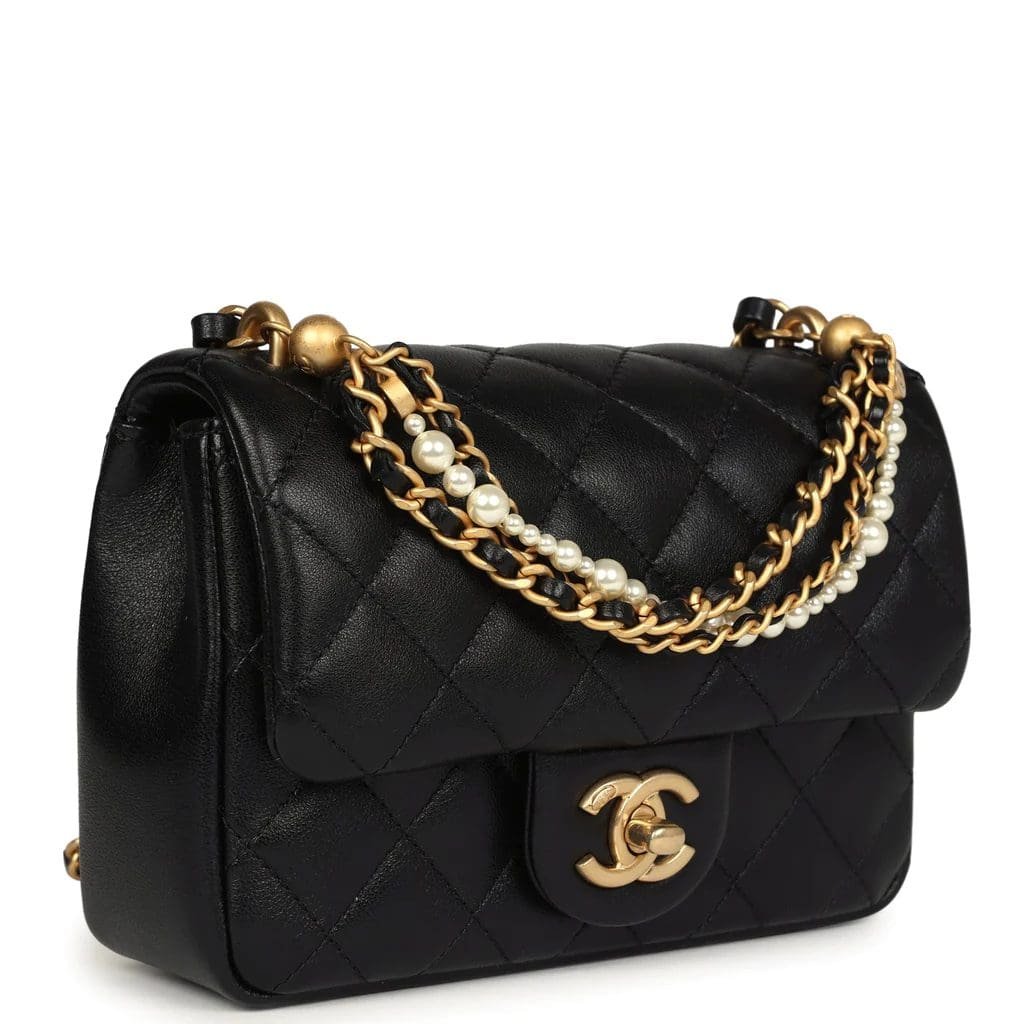 Ch**el Mini Square Pearl Crush Flap Bag Black Lambskin Brushed Gold Hardware