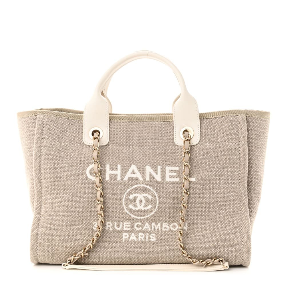 Ch**el Mixed Fibers Calfskin Deauville Tote Light Grey