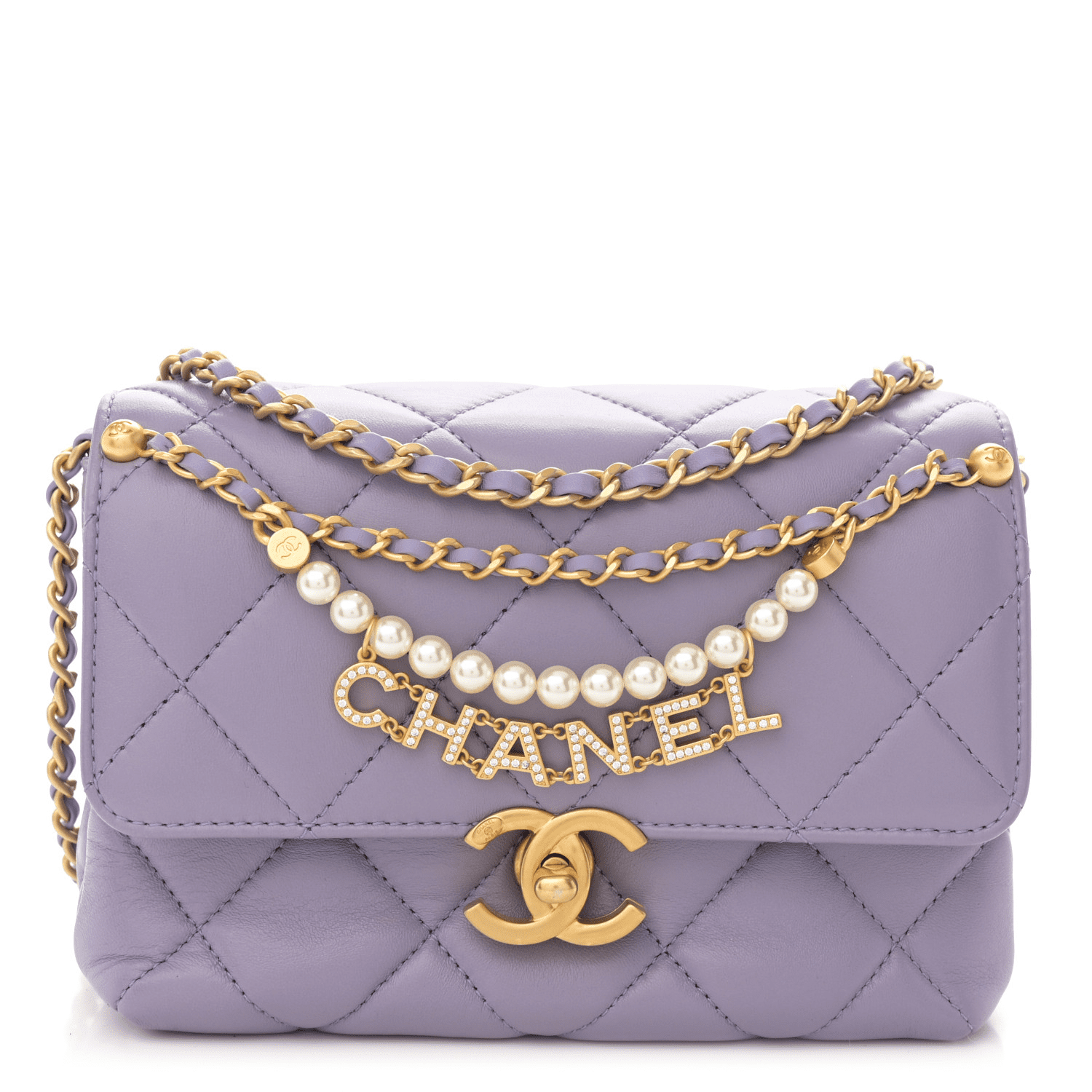 Ch**el Shiny Lambskin Quilted Mini Pearl Logo Flap Light Purple
