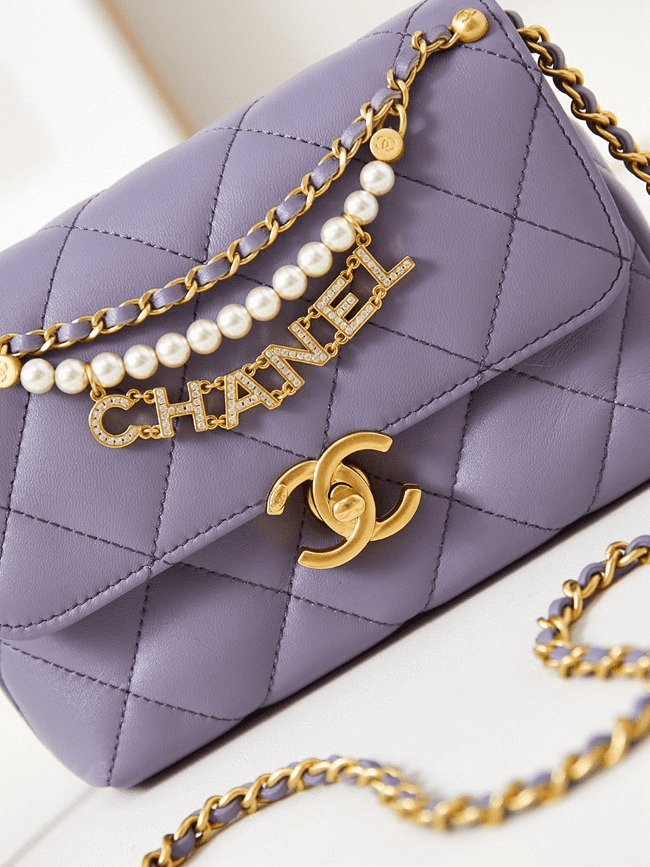 Ch**el Shiny Lambskin Quilted Mini Pearl Logo Flap Light Purple