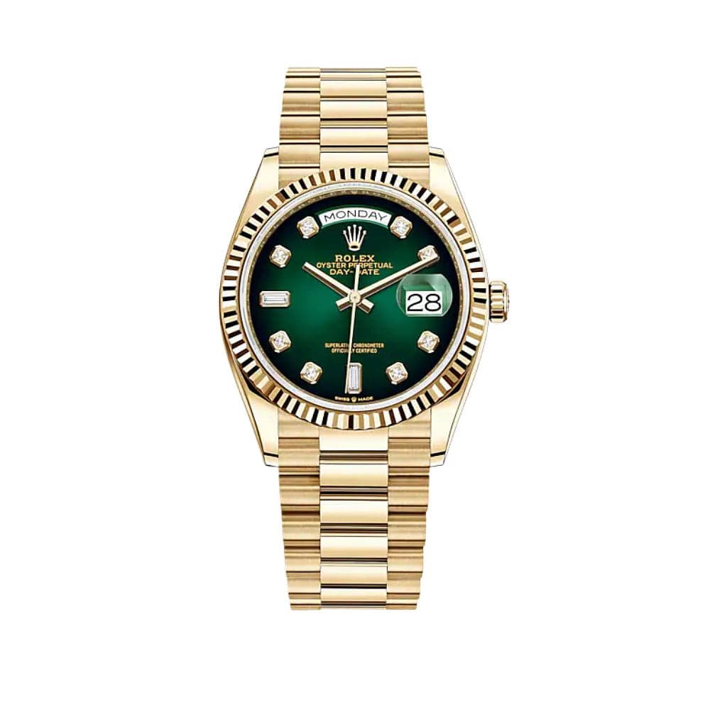 R01ex Day-Date 36 128238 Yellow Gold Green Ombré D1am0nd Dial