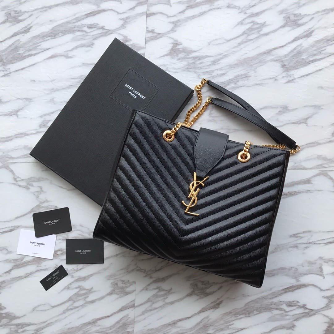 Sa1nt Lau*nt Black Chevron Leather Monogram Chain Cassandre Tote