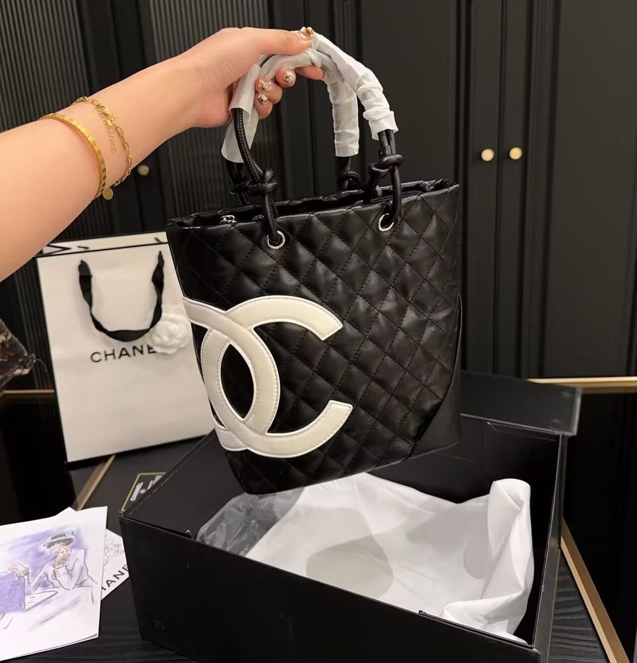 Ch**el Black Quilted Lambskin Leather Medium Cambon Tote