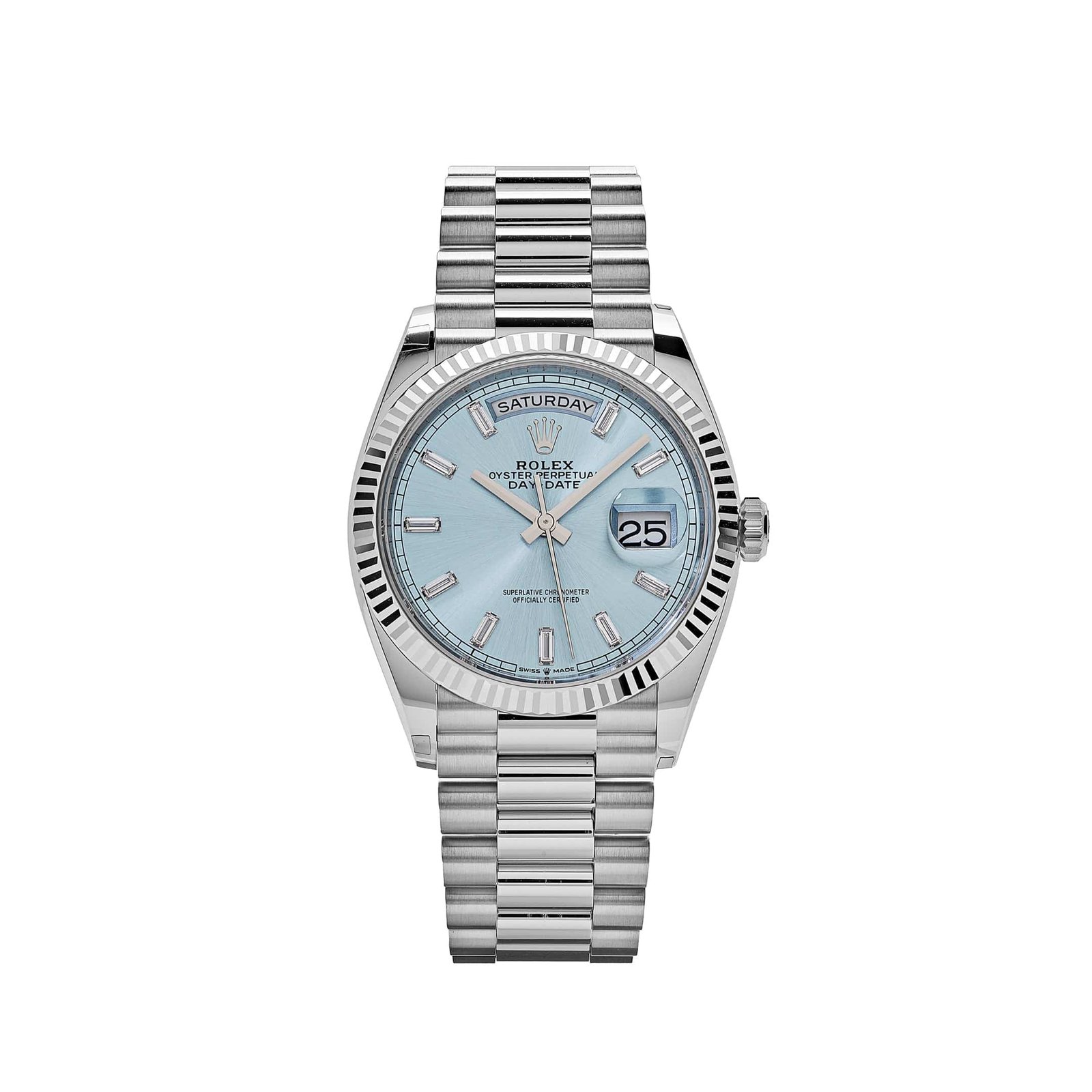 R01ex Day-Date 36 128236 Platinum Ice Blue Baguette Dial