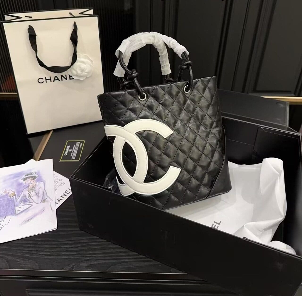 Ch**el Black Quilted Lambskin Leather Medium Cambon Tote