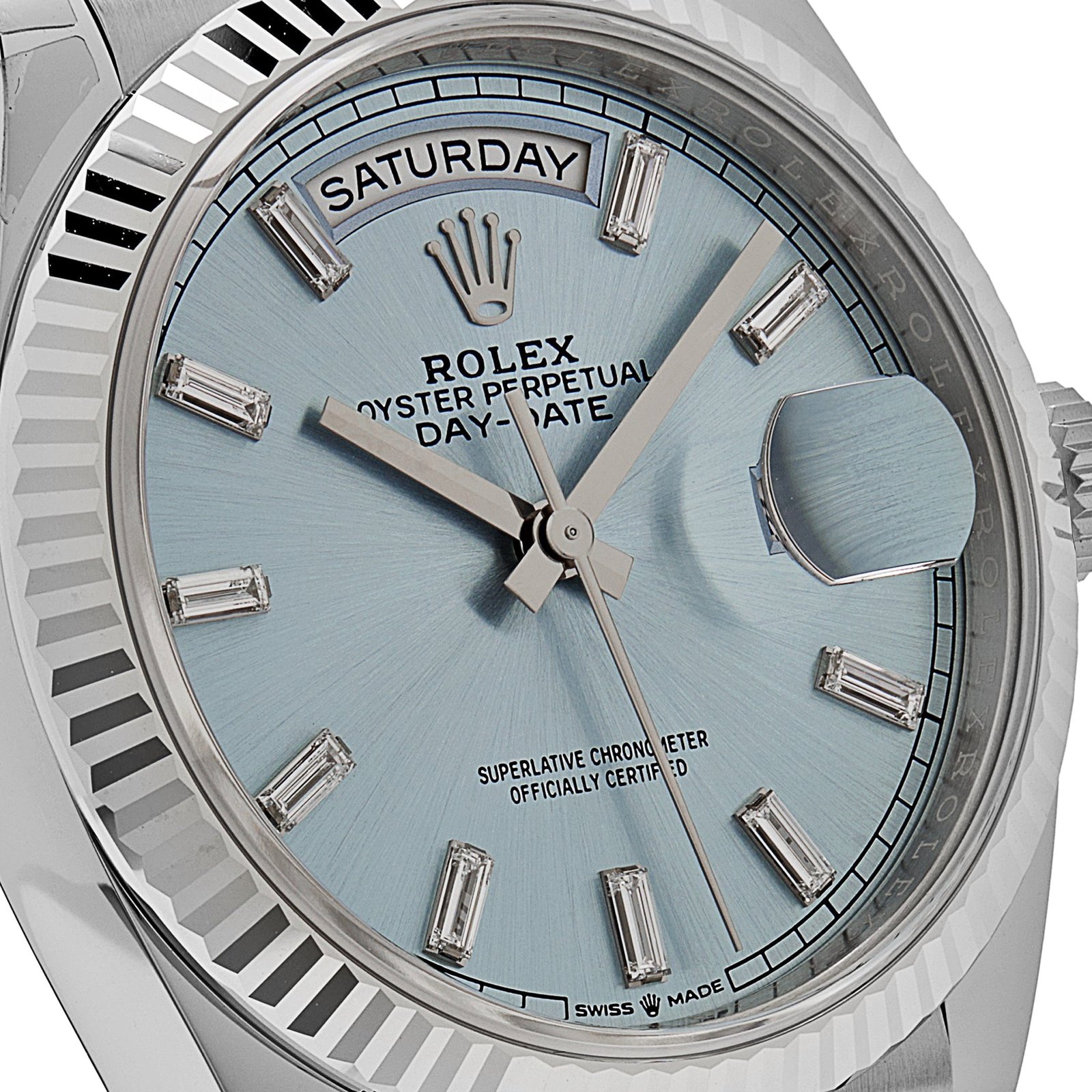 R01ex Day-Date 36 128236 Platinum Ice Blue Baguette Dial
