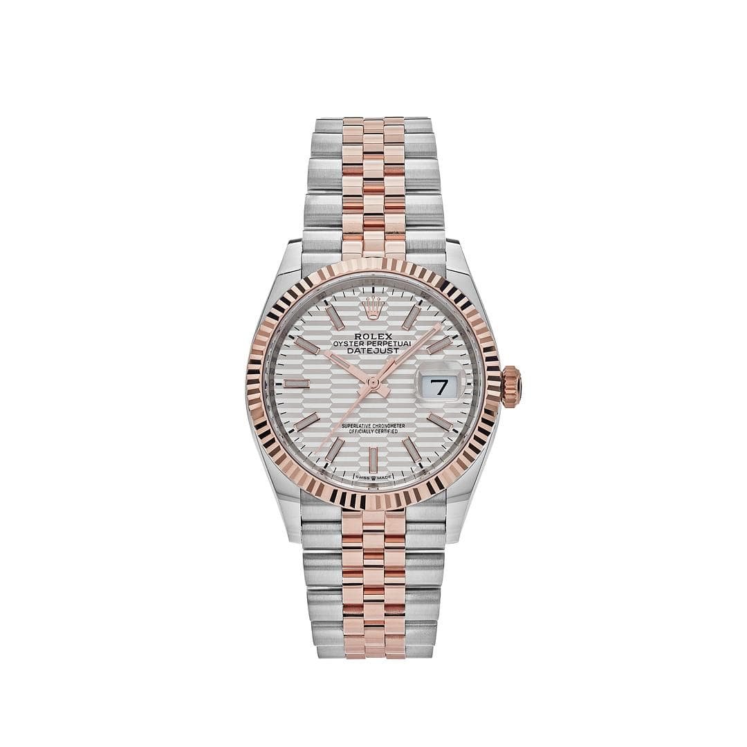 R01ex Datejust 36 126231 Rose Gold Stainless Steel Silver Fluted Motif Dial