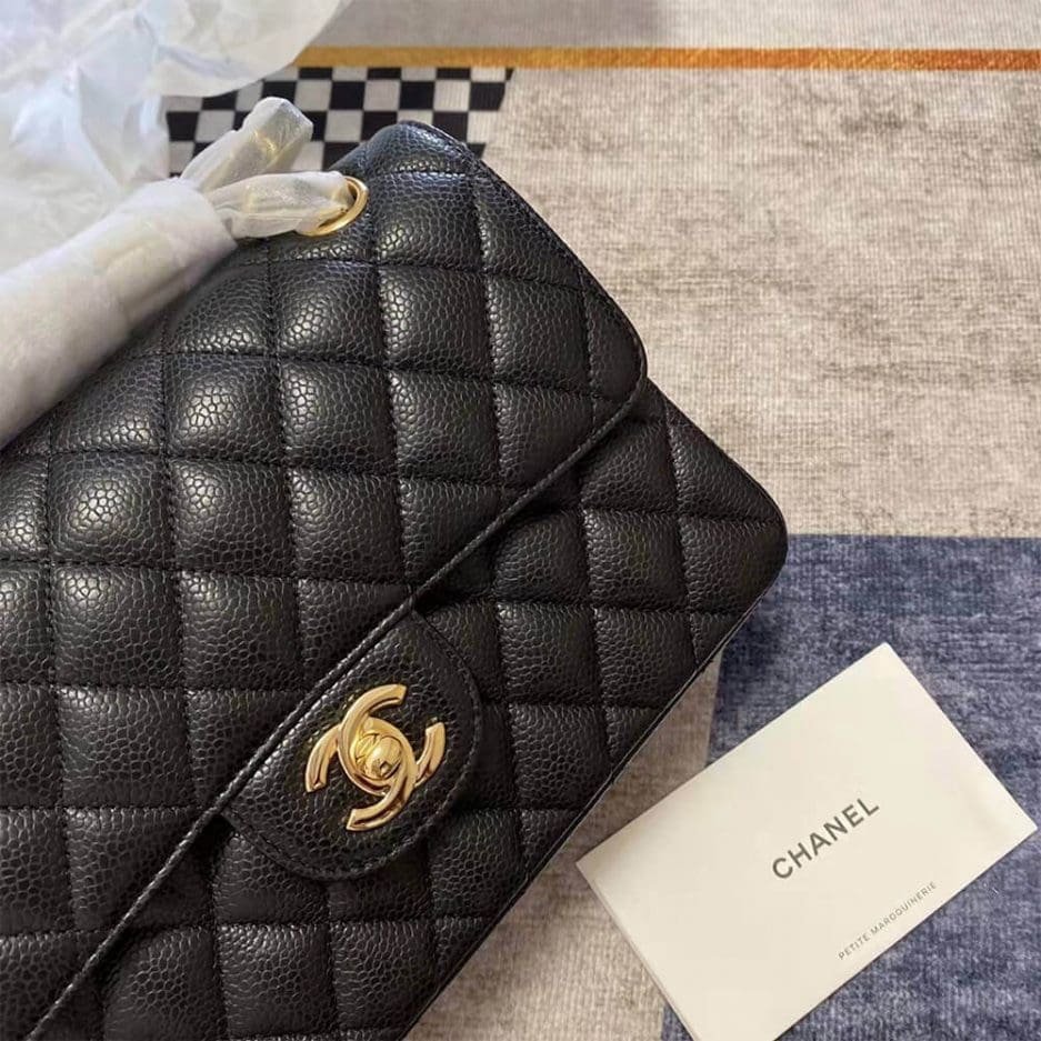 Ch**el Classic Flap Handbag GRAINED CALFSKIN & GOLD METAL