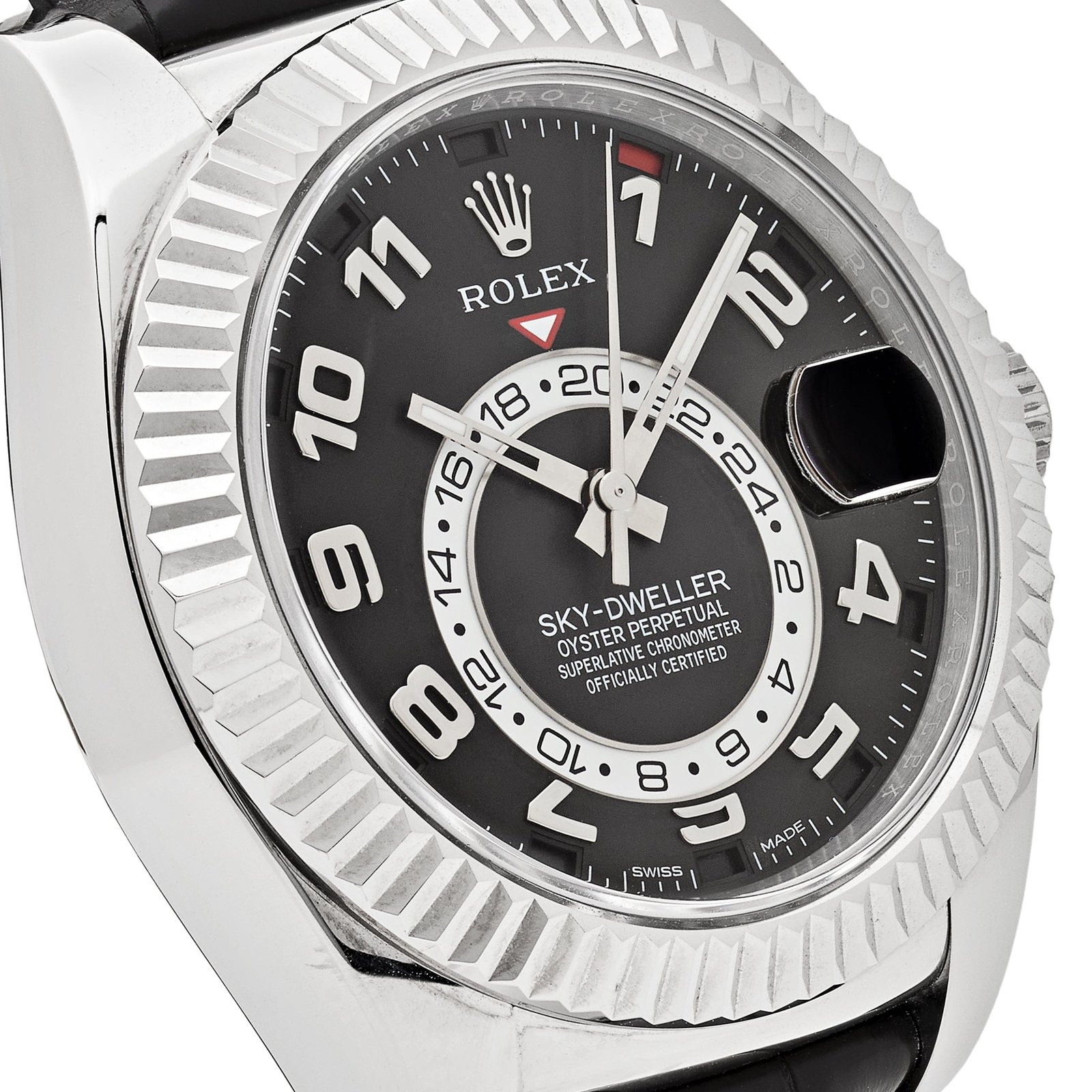 R01ex Sky-Dweller 326139 White Gold Black Dial Leather Strap