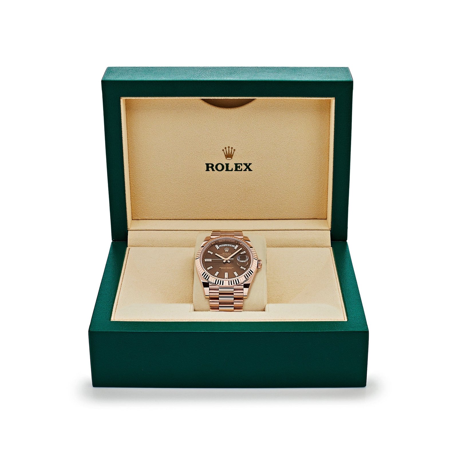 R01ex Day-Date 40 228235 Rose Gold Chocolate Baguette D1am0nd Dial