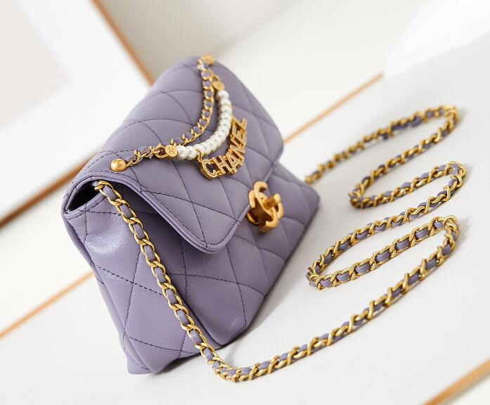 Ch**el Shiny Lambskin Quilted Mini Pearl Logo Flap Light Purple