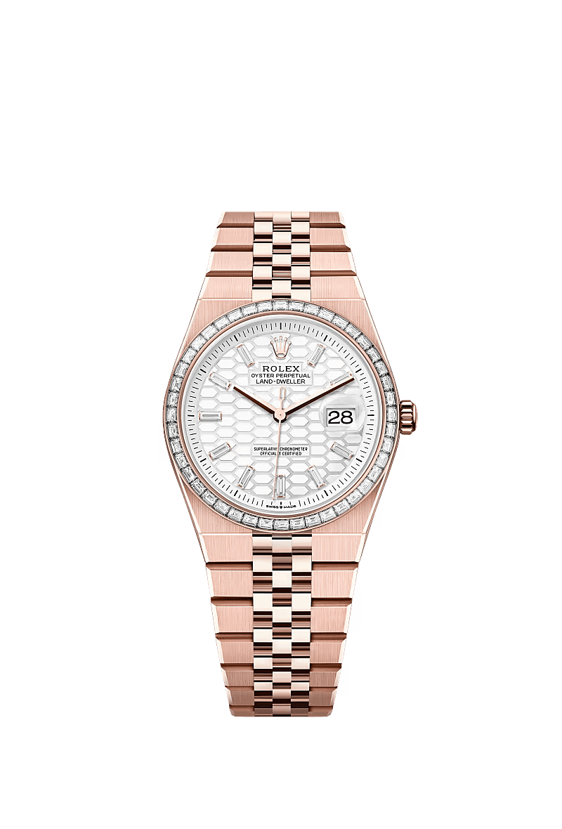 R01ex Land-Dweller 127285TBR Rose Gold Intense White Dial D1am0nd Bezel