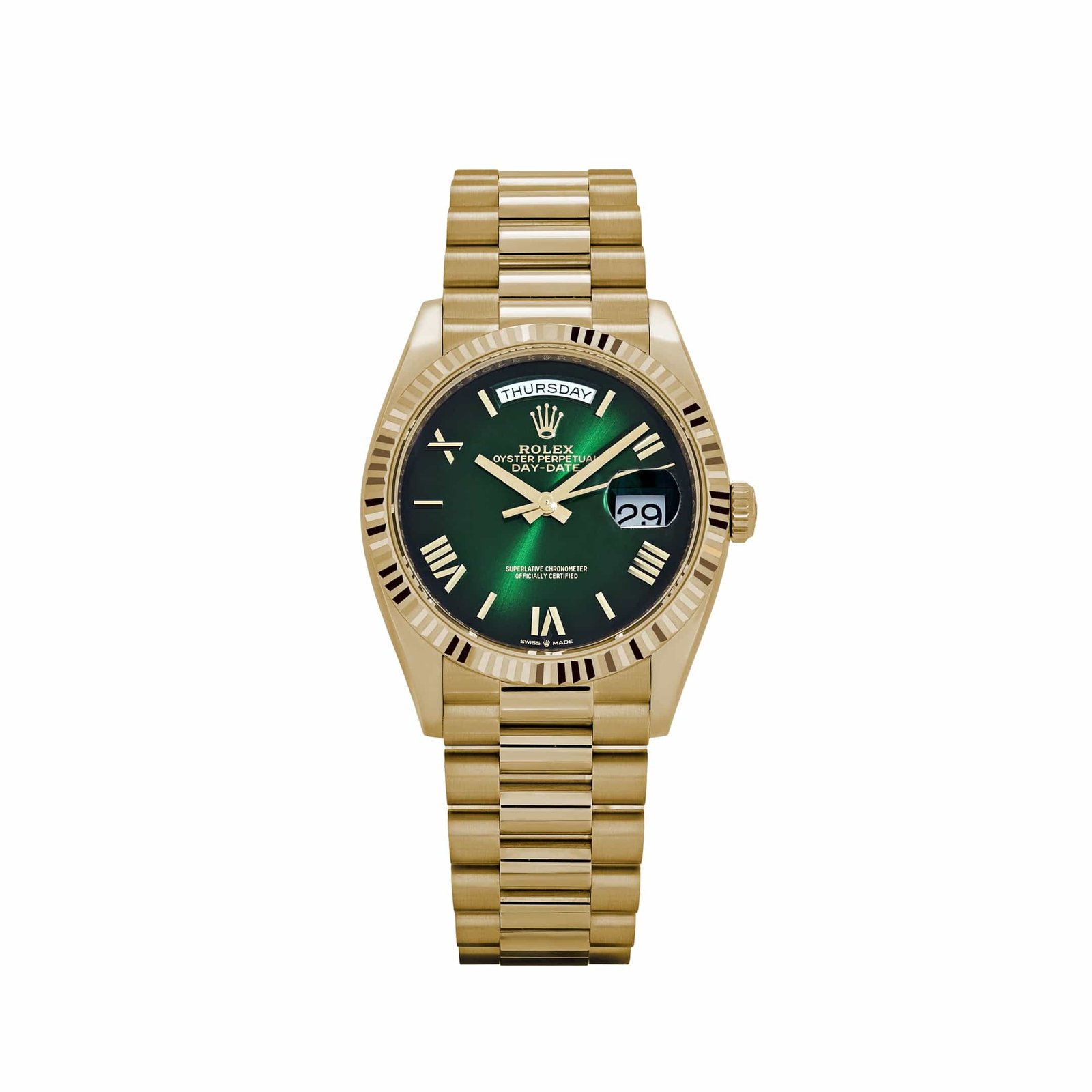 R01ex Day-Date 36 128238 Yellow Gold Green Ombre Roman Numeral Dial (2024)