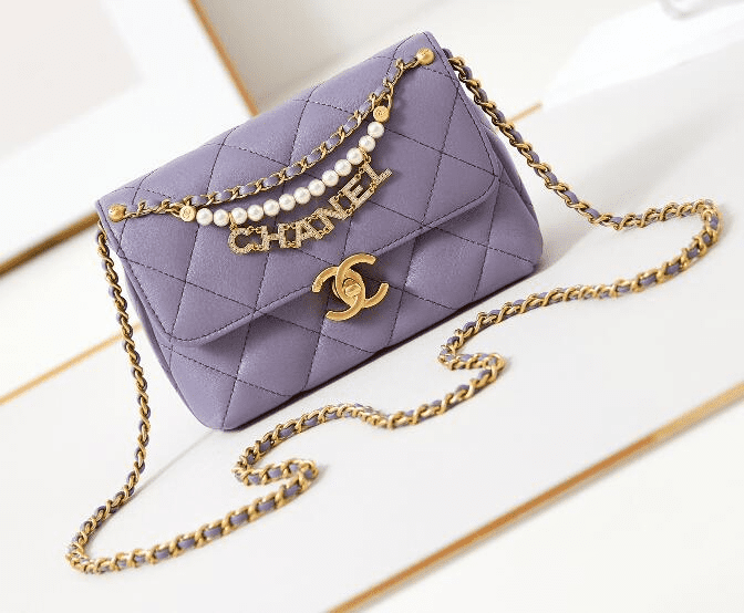 Ch**el Shiny Lambskin Quilted Mini Pearl Logo Flap Light Purple