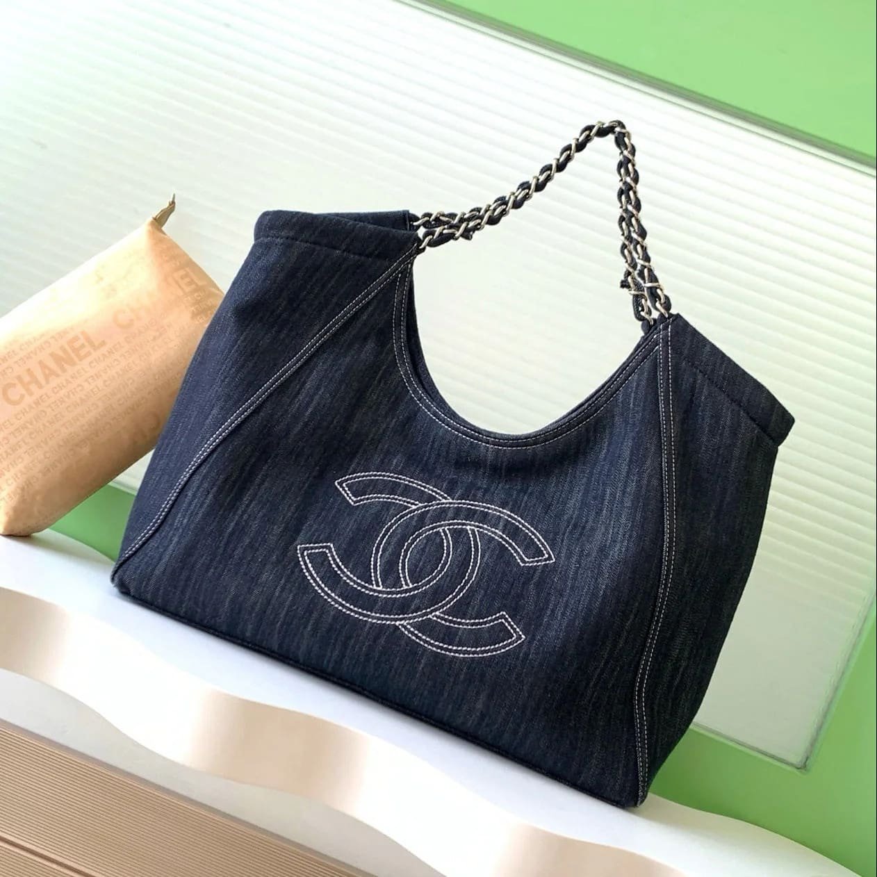 Ch**el 25 Tote Bag Navy Blue 48cm Denim Leather