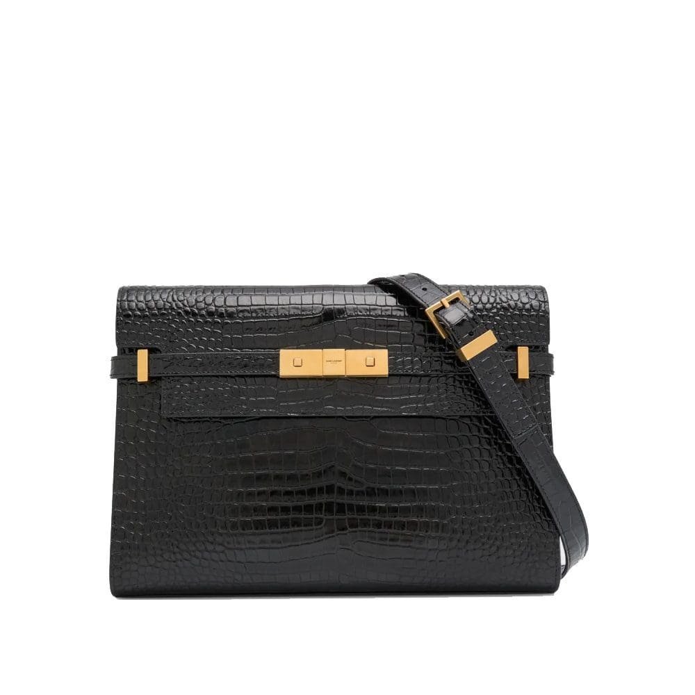 Sa1nt Lau*nt Manhattan Medium Shoulder Bag in Croc-Embossed Leather
