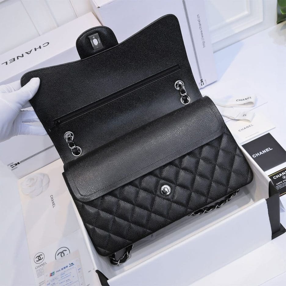 Ch**el LARGE CLASSIC HANDBAG Grained Calfskin & Silver Metal