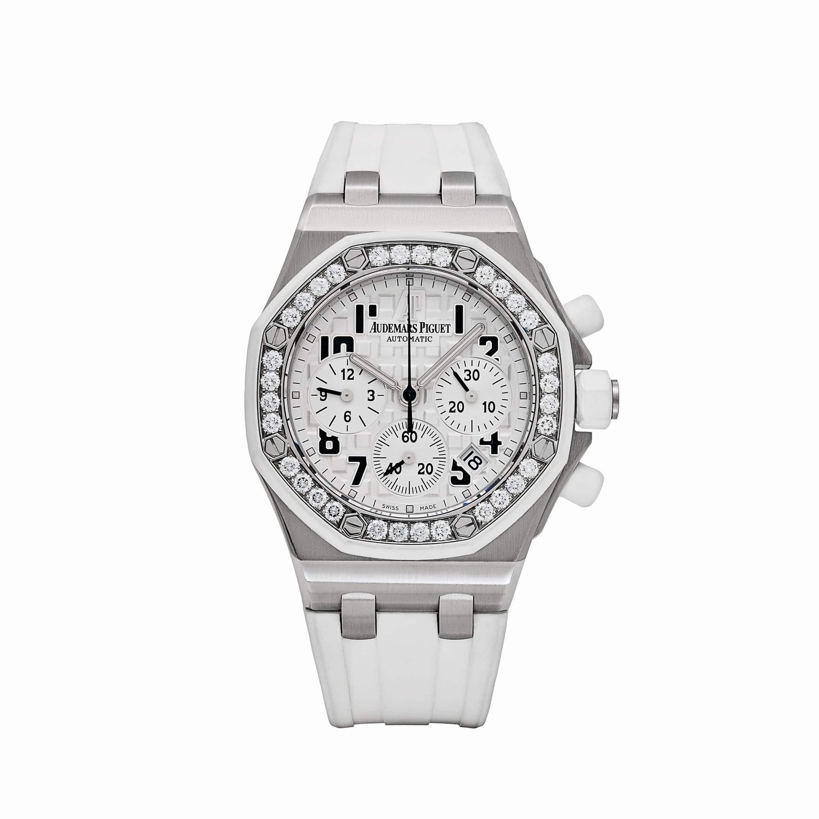 Audemars P1g*et Royal Oak Offshore 26048SK.ZZ.D010CA.01 Stainless Steel White Dial D1am0nd Bezel