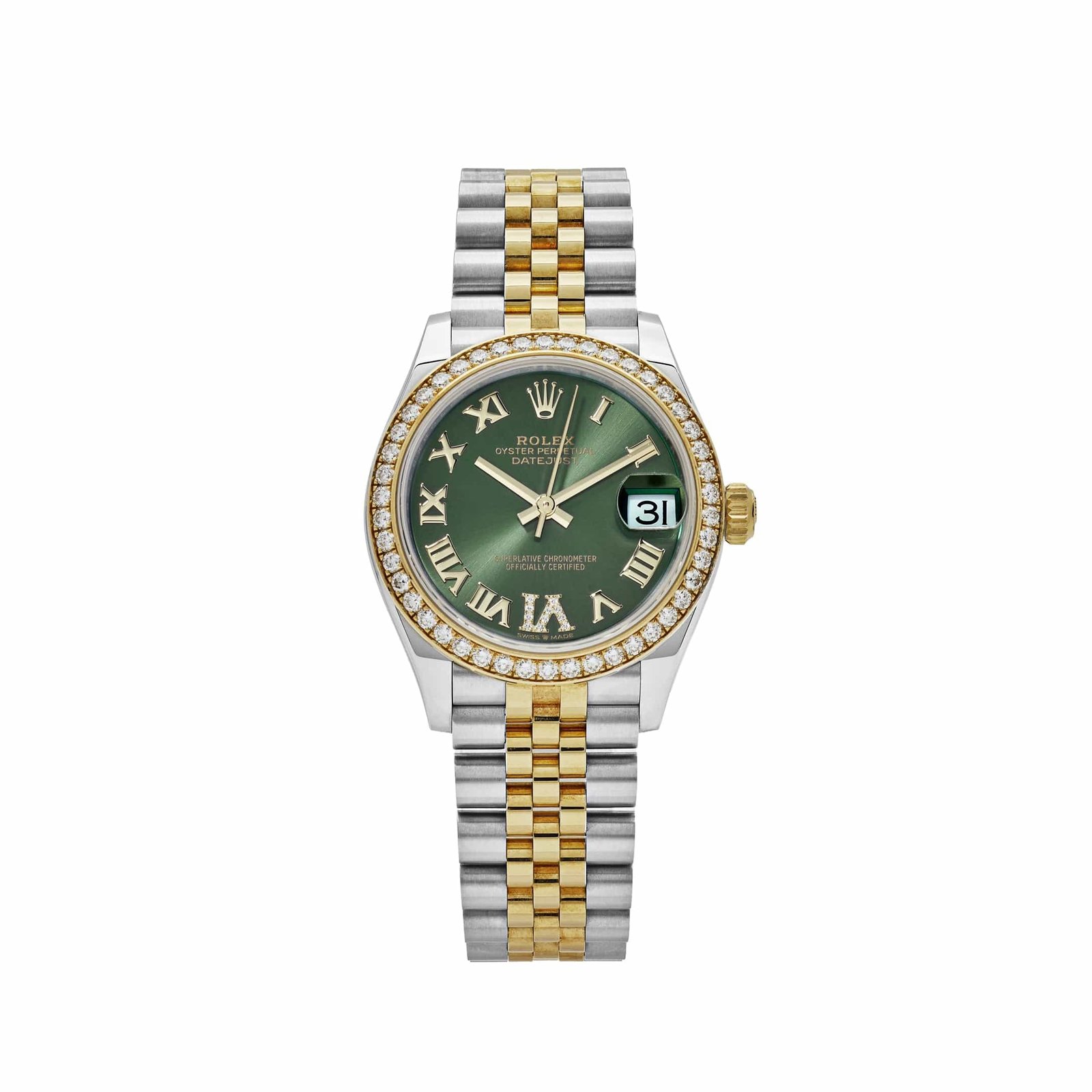 R01ex Datejust 31 278383RBR ‘Ladies’ Yellow Gold Stainless Steel Green Roman Dial D1am0nd Bezel