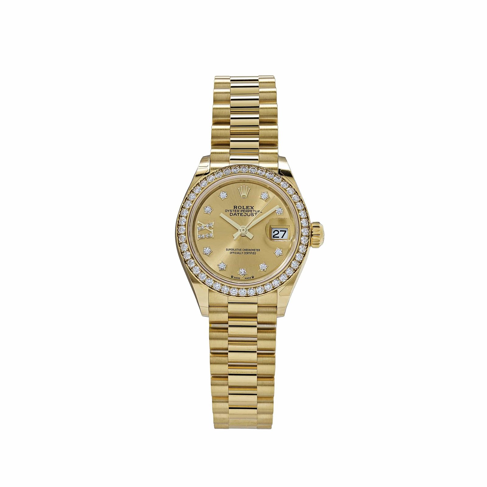 R01ex Datejust 28 279138RBR ‘Ladies’ Yellow Gold Champagne D1am0nd Dial President