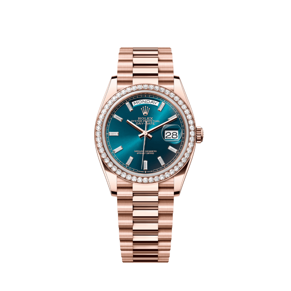 R01ex Day-Date 36 128345RBR Rose Gold D1am0nd Bezel Blue-Green Baguette Marker Dial