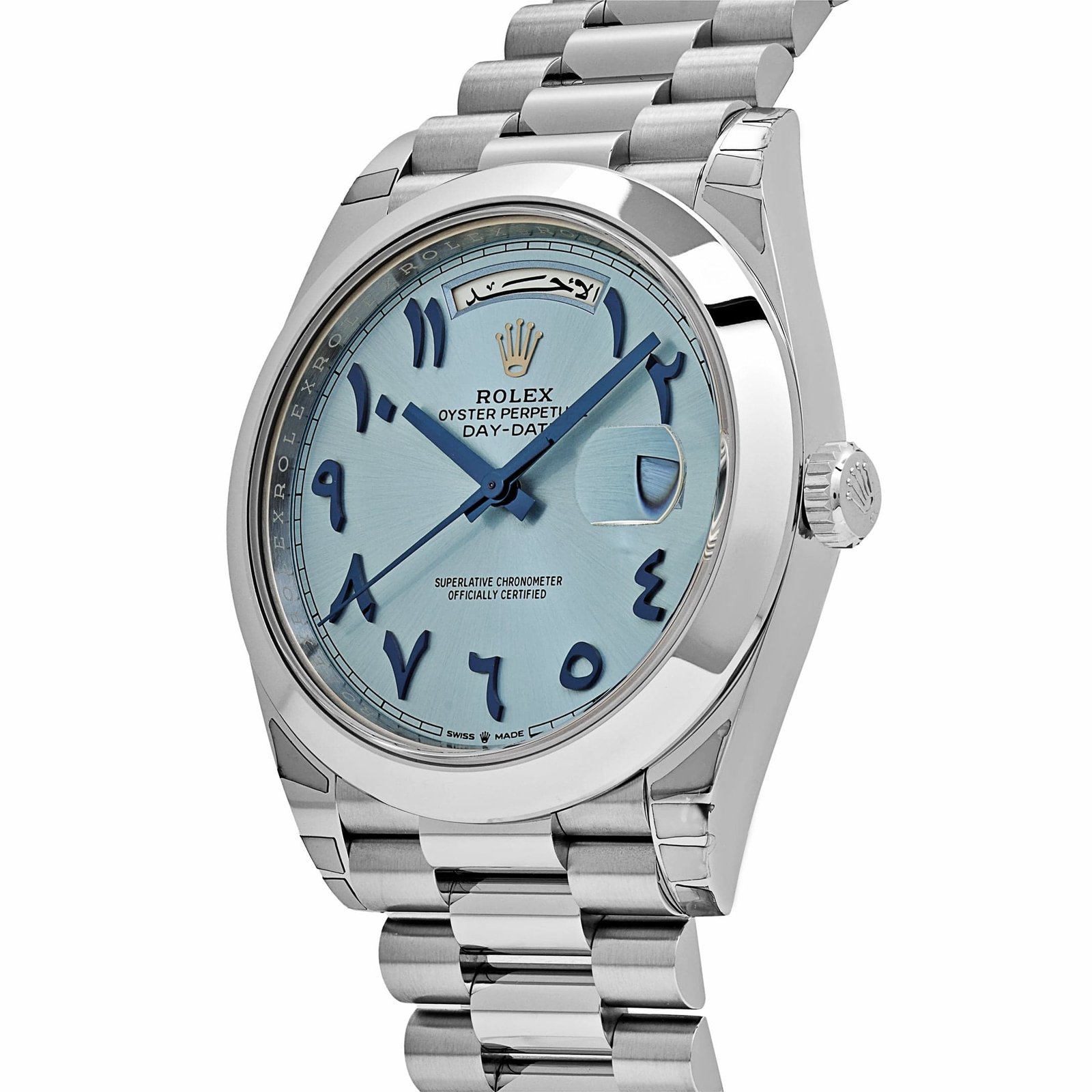 R01ex Day-Date 40 228206 Platinum Ice Blue Arabic Dial Smooth Dial