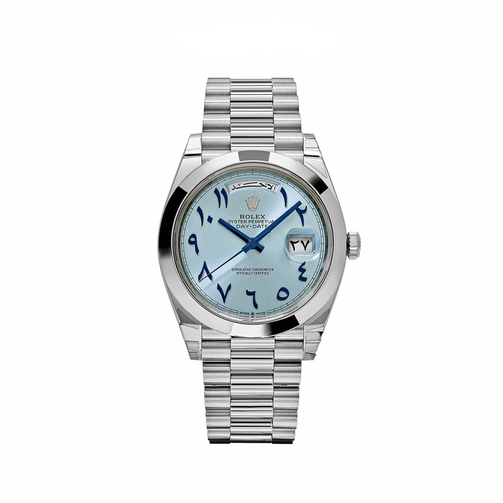 R01ex Day-Date 40 228206  Platinum Ice Blue Arabic Dial Smooth Dial