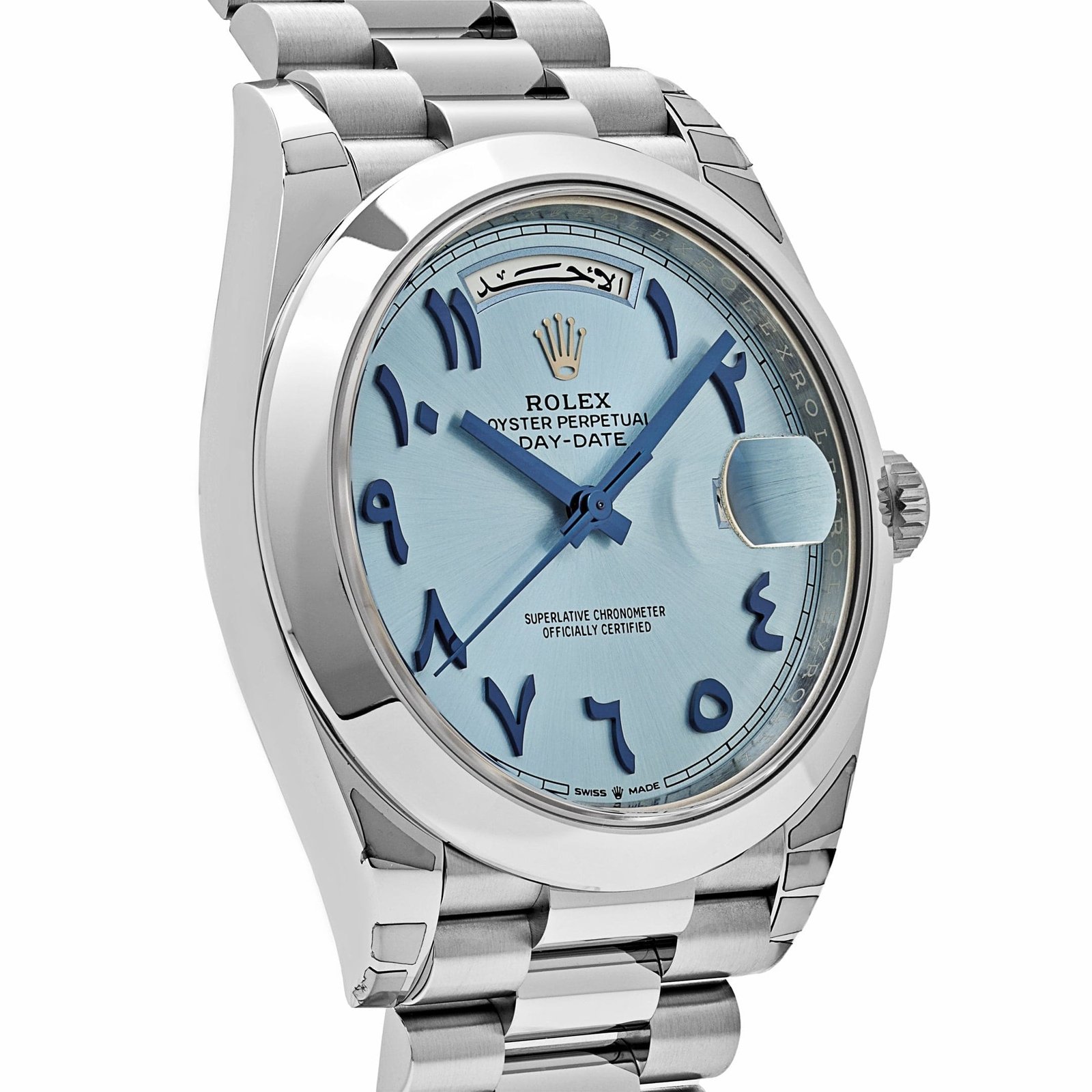 R01ex Day-Date 40 228206 Platinum Ice Blue Arabic Dial Smooth Dial