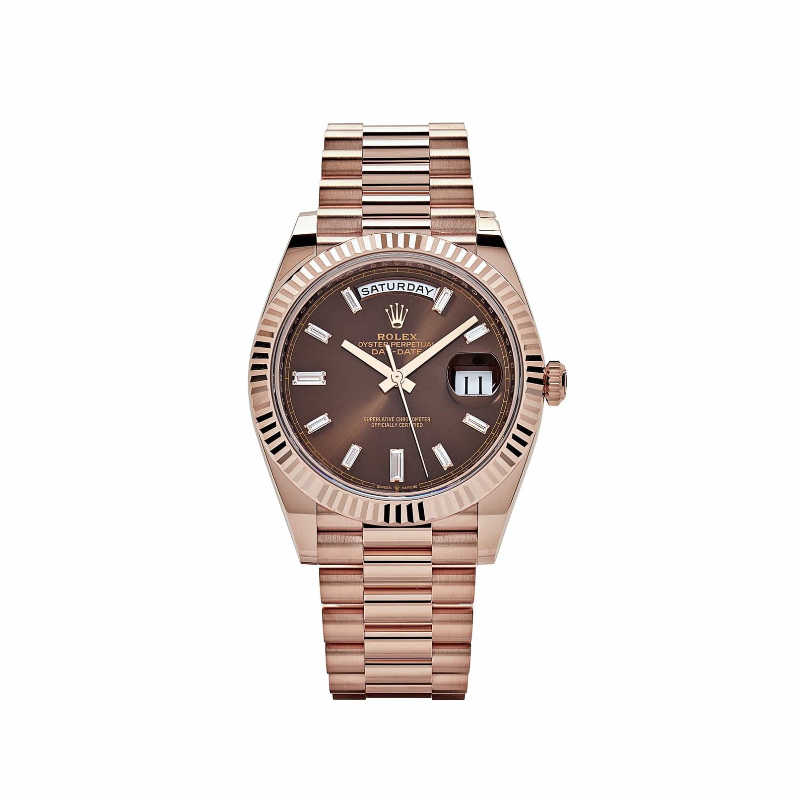 R01ex Day-Date 40 228235 Rose Gold Chocolate Baguette D1am0nd Dial