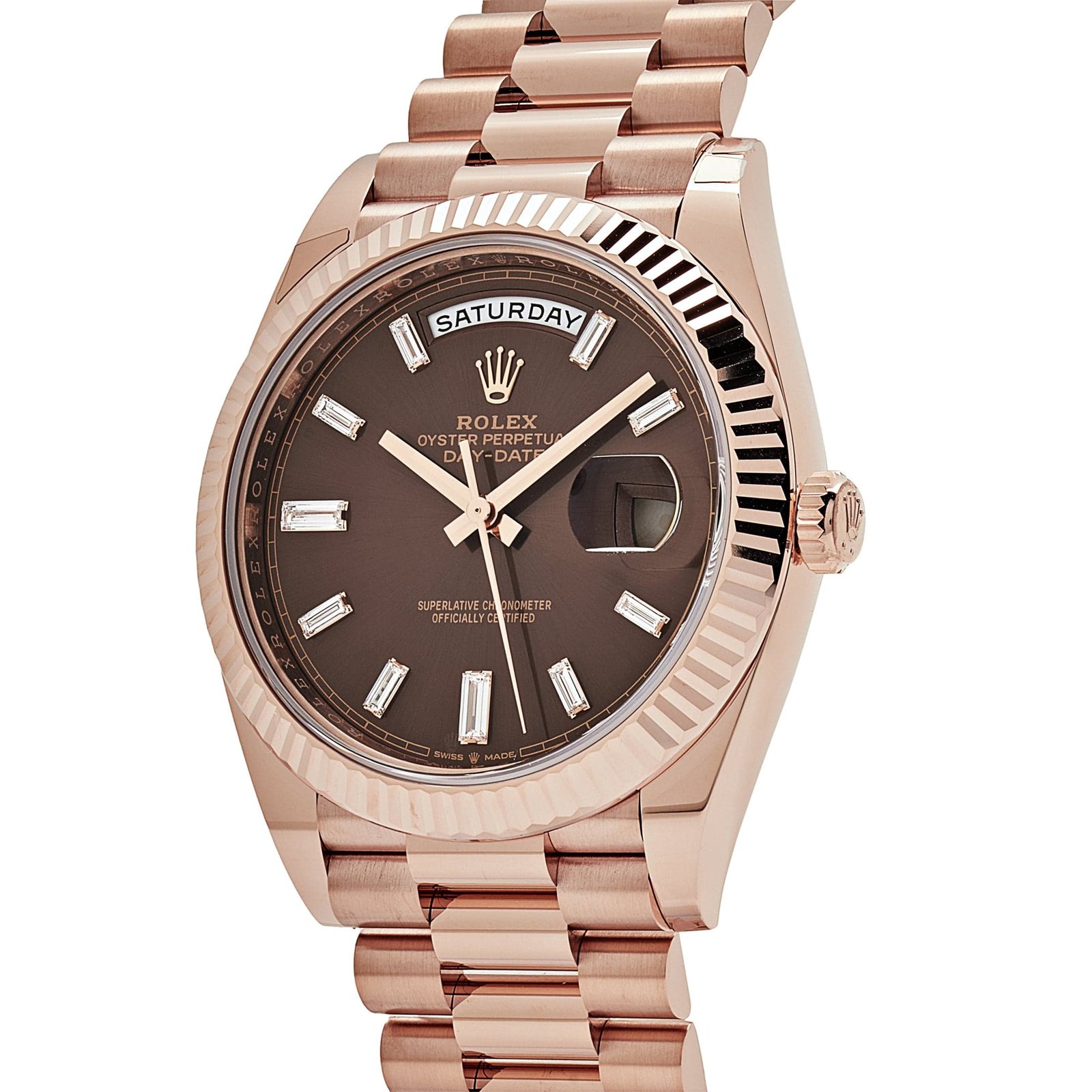 R01ex Day-Date 40 228235 Rose Gold Chocolate Baguette D1am0nd Dial