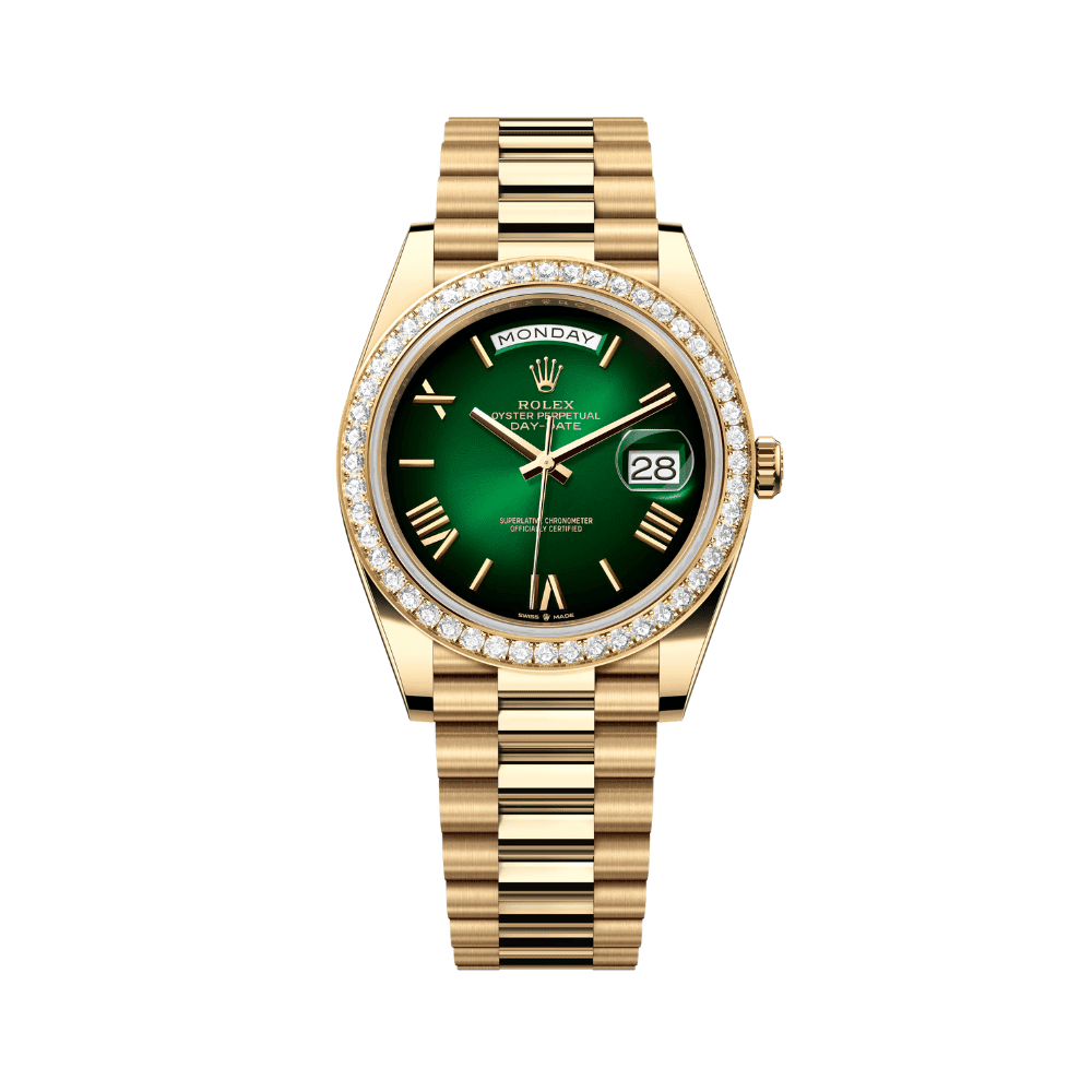 R01ex Day-Date 40 228348RBR Yellow Gold Green Ombre Roman Numeral Dial D1am0nd Bezel (2024)
