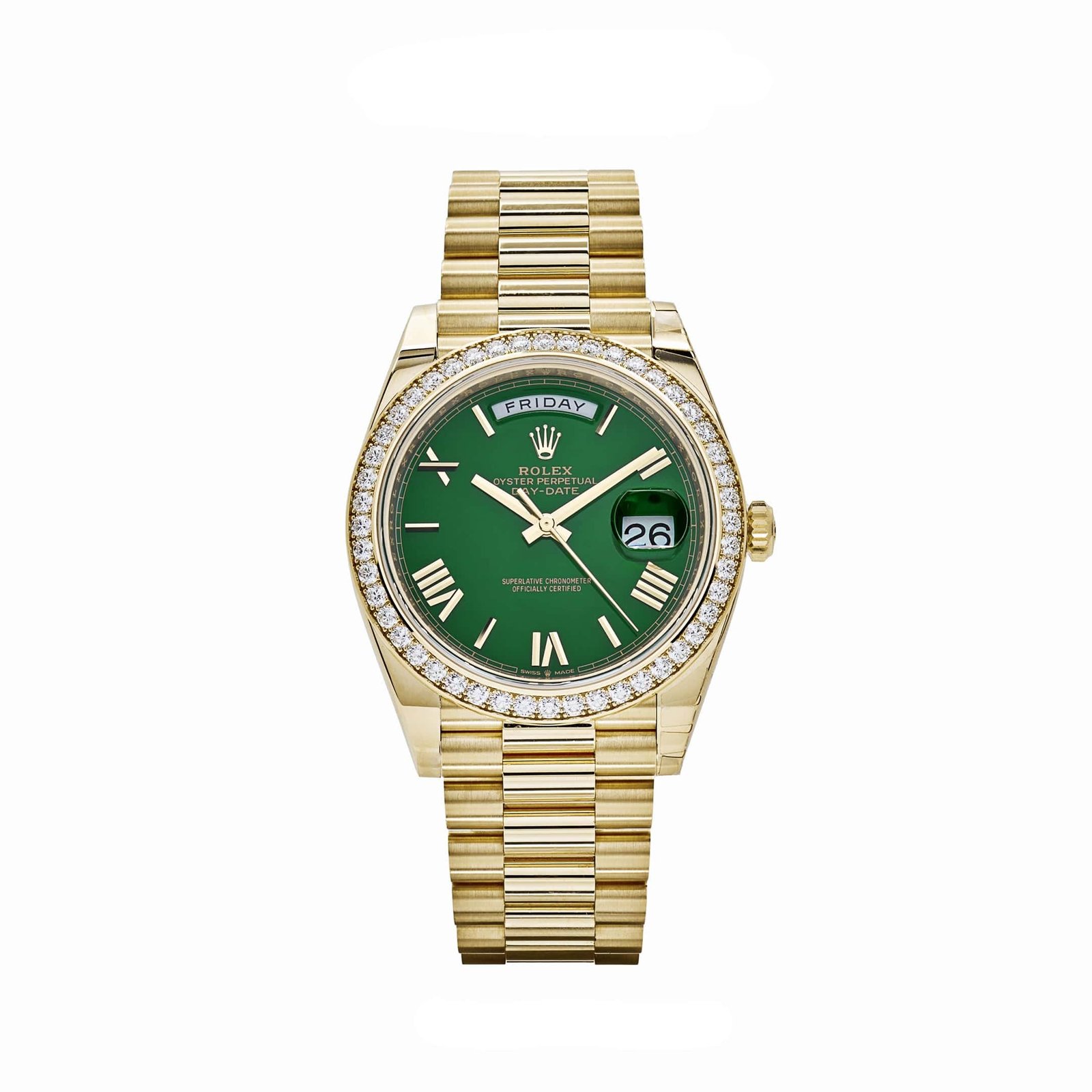 R01ex Day-Date 40 228348RBR Yellow Gold Green Roman Numeral Dial D1am0nd Bezel (2024)