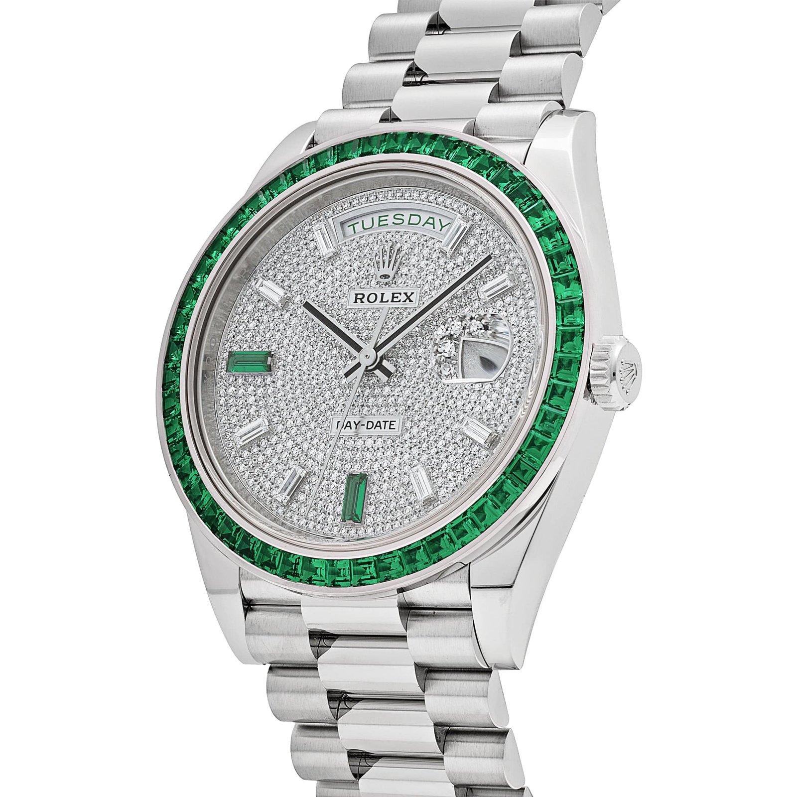 R01ex Day-Date 40 228396TEM Platinum D1am0nd Dial Emerald Bezel