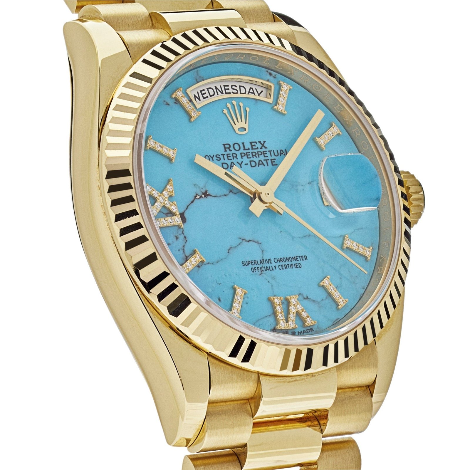 R01ex Day-Date 36 128238 Yellow Gold Turquoise D1am0nd Dial