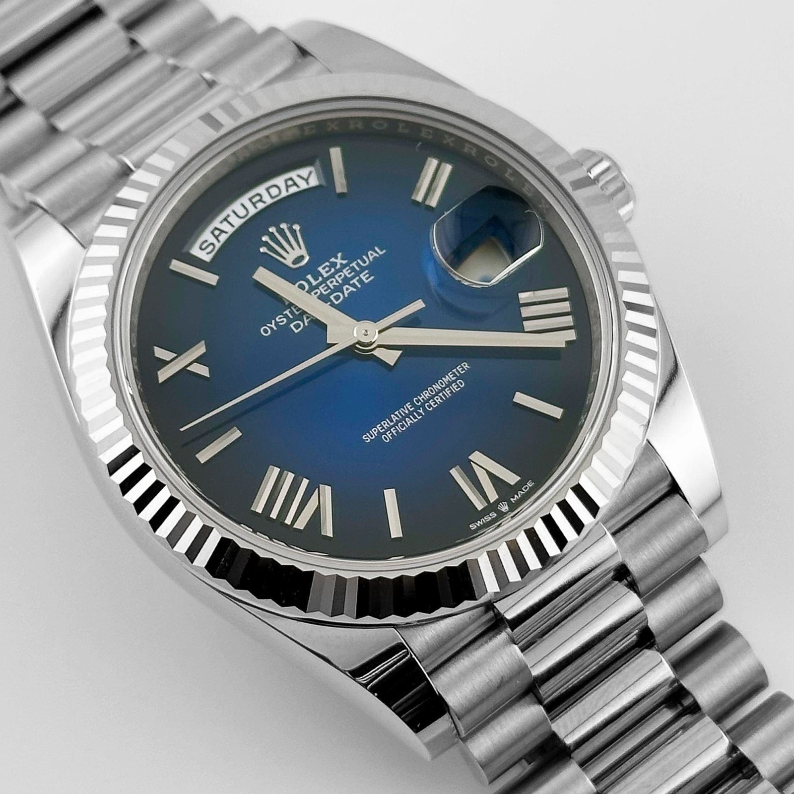 R01ex Day-Date 40 228239 White Gold Blue Ombre Roman Numeral Dial (2024)