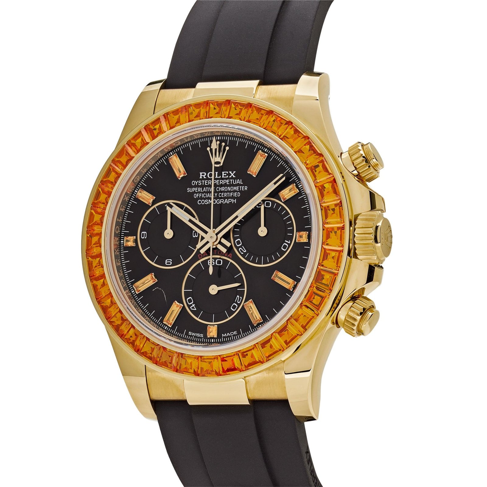 R01ex Daytona 116588SACO Yellow Gold Orange Sapphire Bezel Black D1am0nd Dial