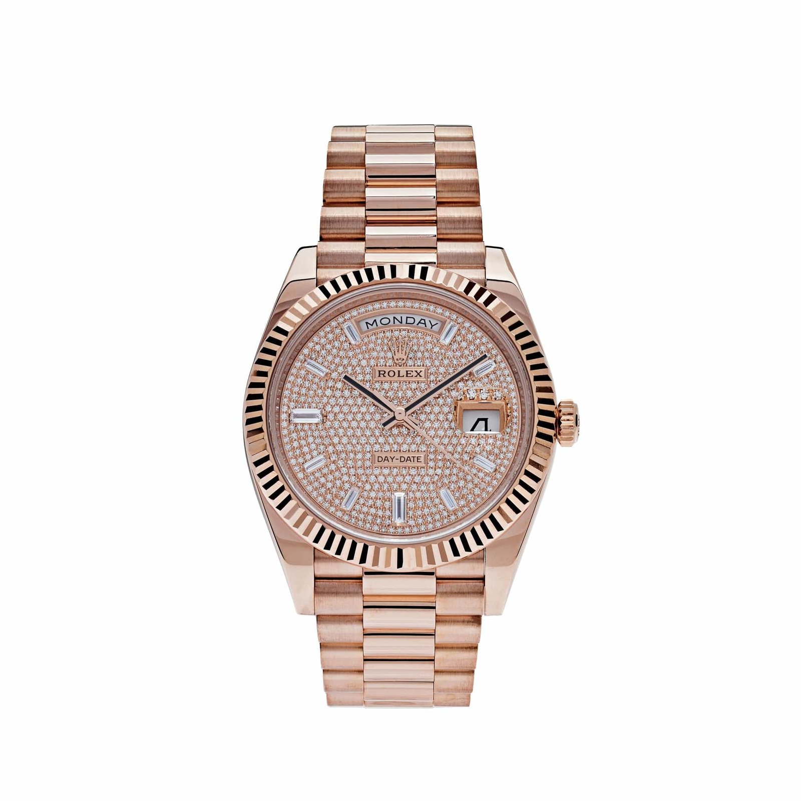 R01ex Day-Date 40 228235 Rose Gold Baguette D1am0nd Paved Dial